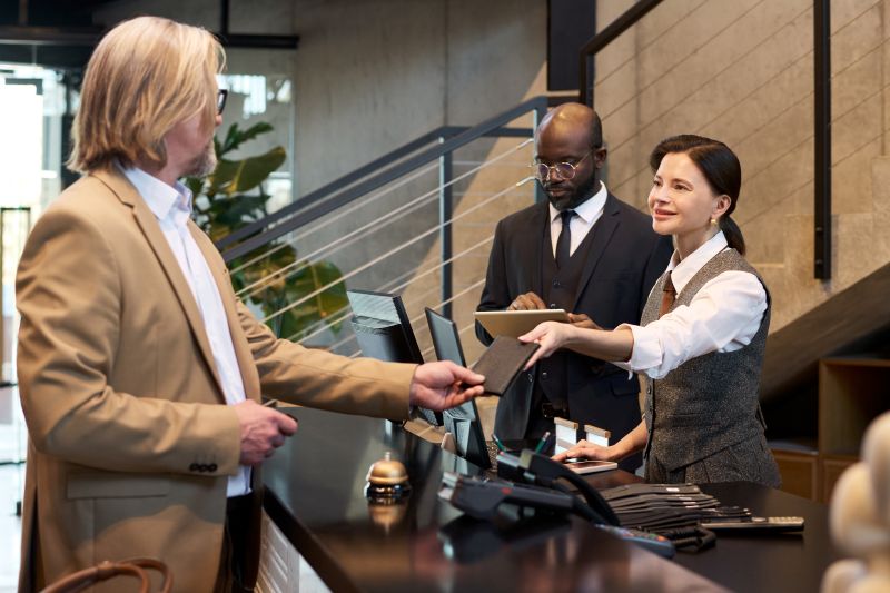 Hotel guest handing passport to smiling receptionist at front desk while colleague reviews information on a tablet